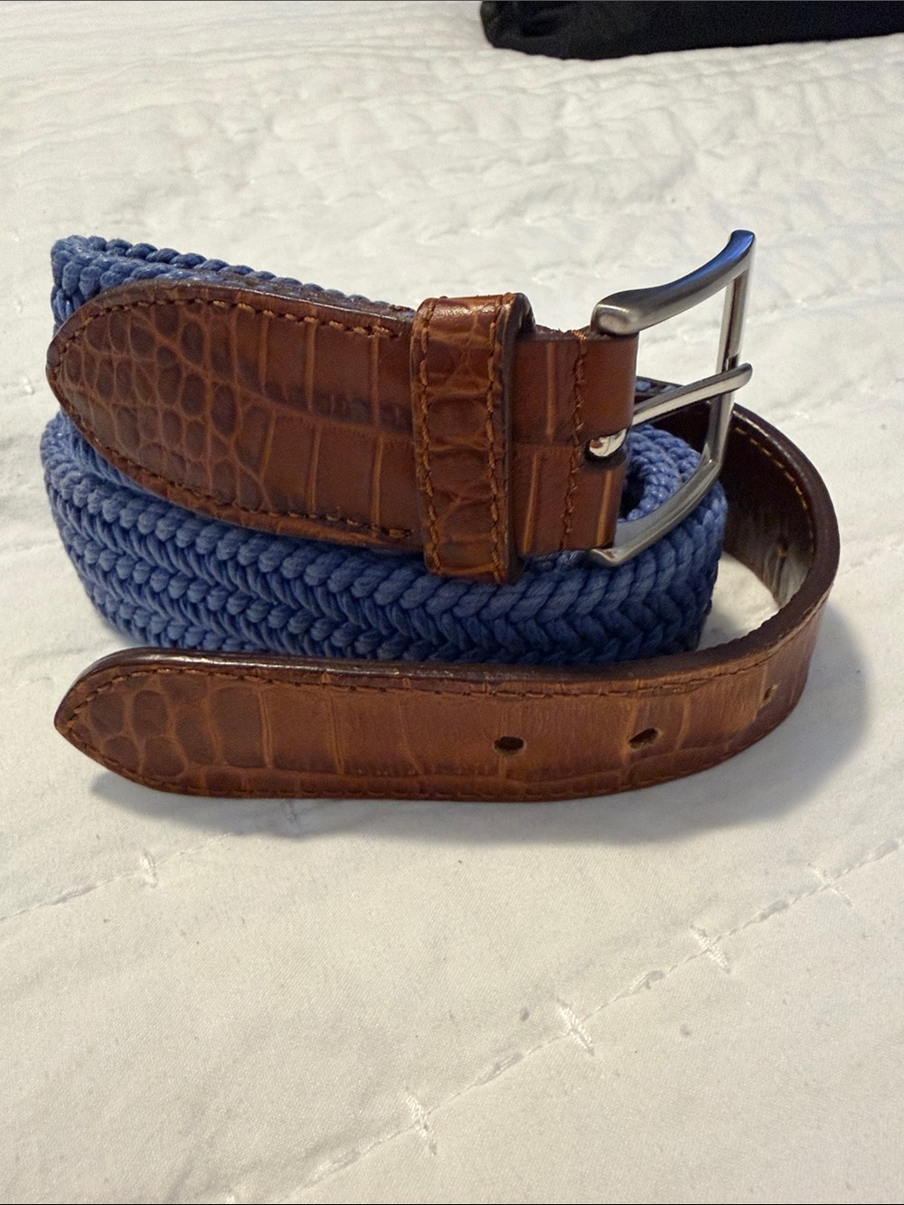 Braided Blue Fabric Belt with Brown Croc-Texture Leather Trim